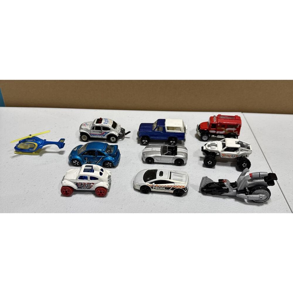 Lot Of 10 Die Cast Cars Toy Vehicles Helicopter Hot Wheels, Matchbox, Unbranded